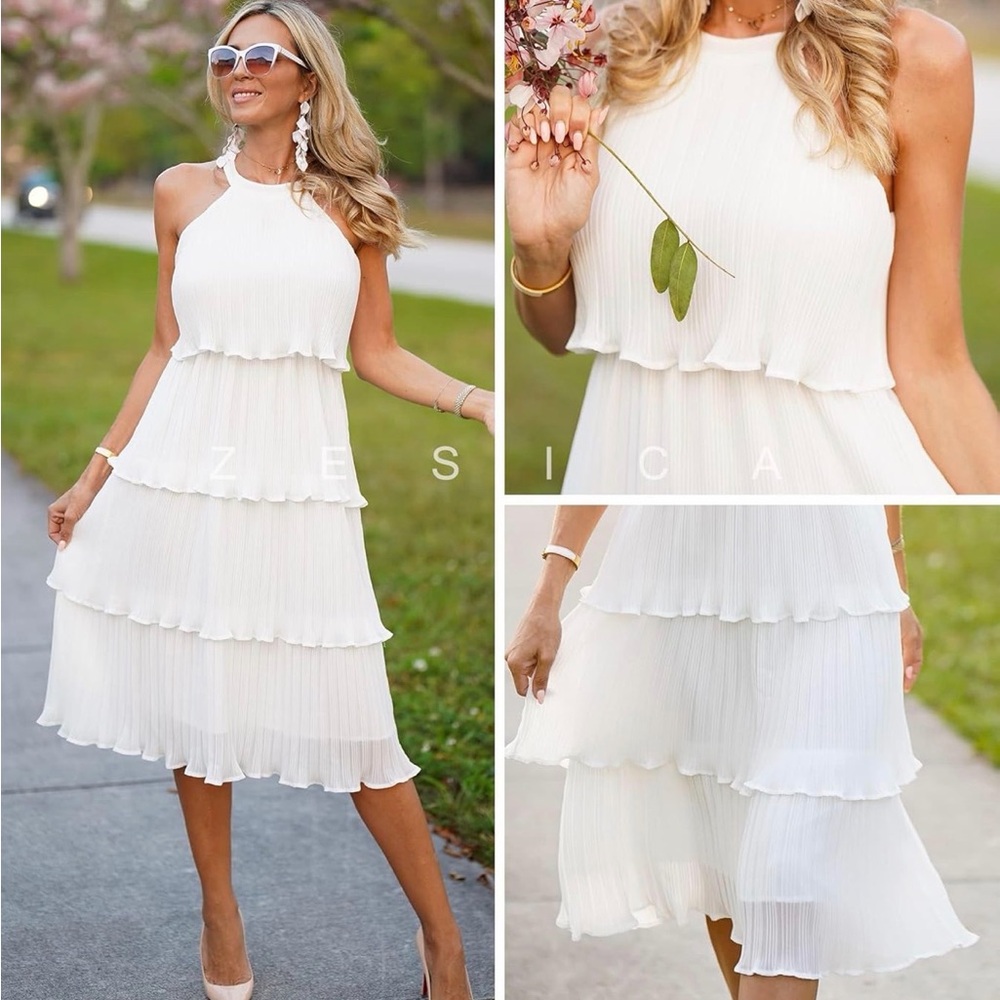NWT Zesica Women's Elegant White Tiered Midi Dress Sz Med